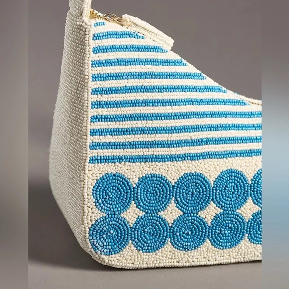 ANTHROPOLOGIE Asymmetric Beaded Shoulder Bag Blue & White Polka Dot - Picture 2 of 7